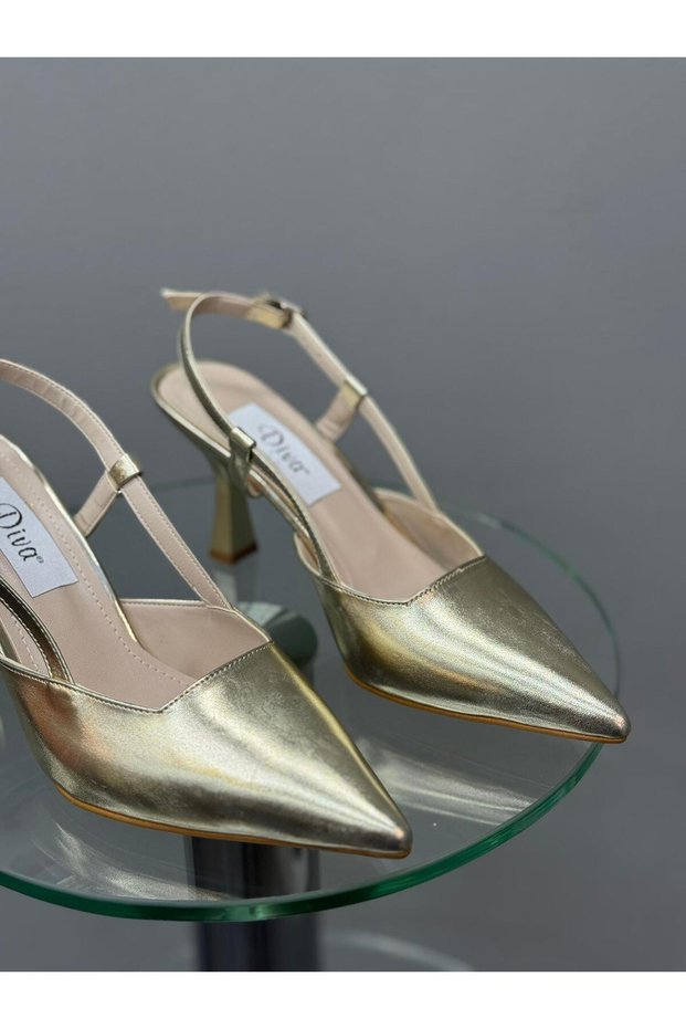 Gold Thin Heeled Women's Shoes