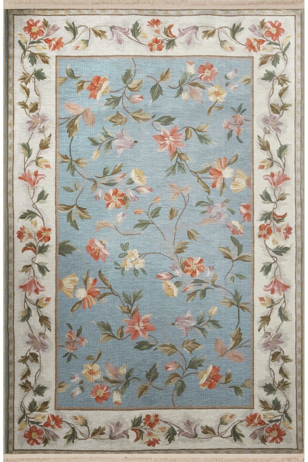 Beige Blue Themed Multicolor Floral Rose and Ivy Patterned Modern Decorative Carpet 2566