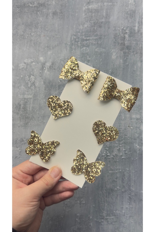 Gold / Golden Stella Glitter Bow Heart Butterfly (Metal 5cm / 3cm with Clip 6-Piece Set)