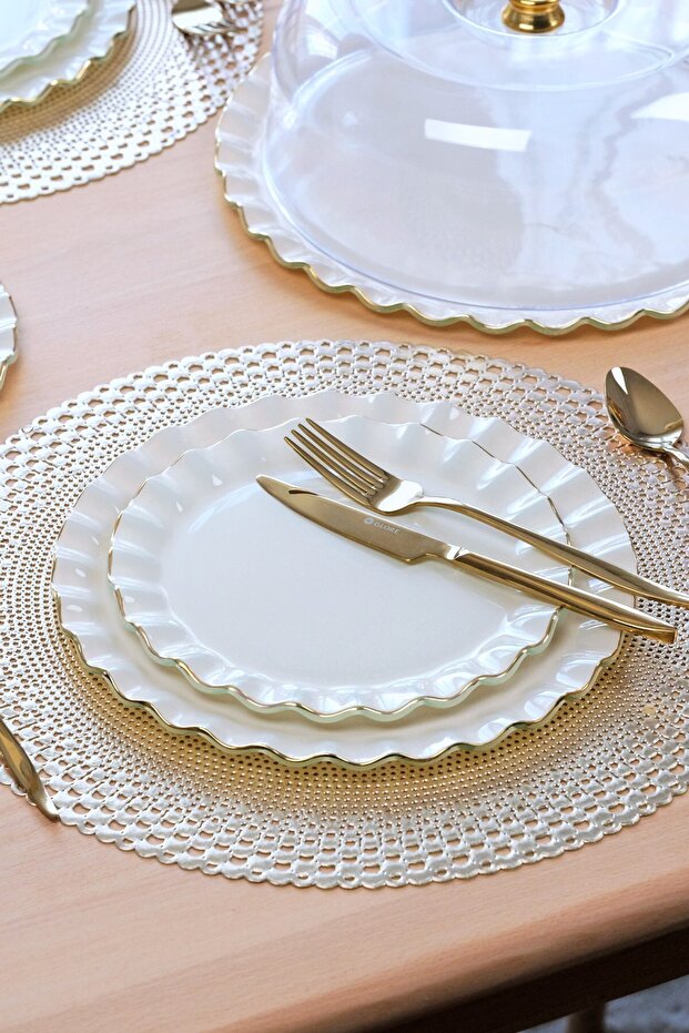 Solid Krem Wavy Altın 34 Parça Tea Time - 2