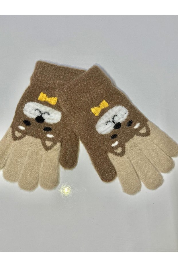 Girl's Knitted Jacquard Warm Five-Finger Gloves Cute Hug Bear Embroidered 4-8 Years Old