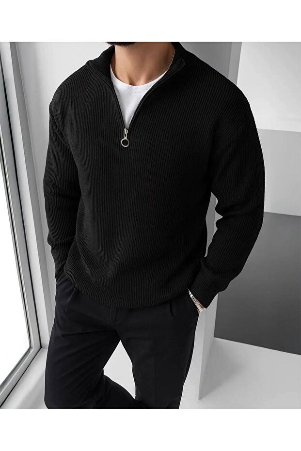 Men's Thessaloniki Knitted Collar Half Zipper Corded Fabric Sweater