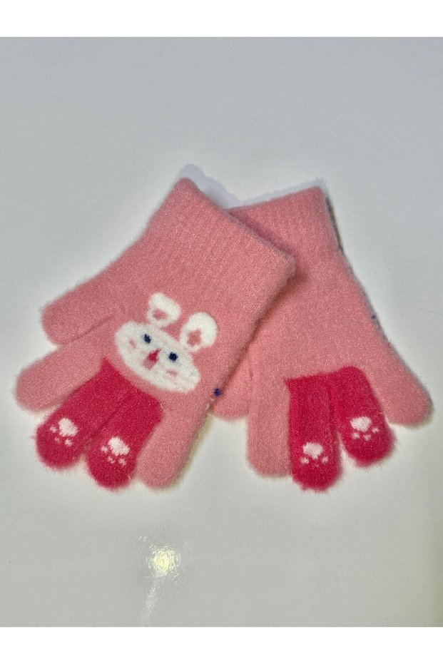 Girl's Knitted Jacquard Warm Five-Finger Gloves Cute Hug Bear Embroidered 4-8 Years Old