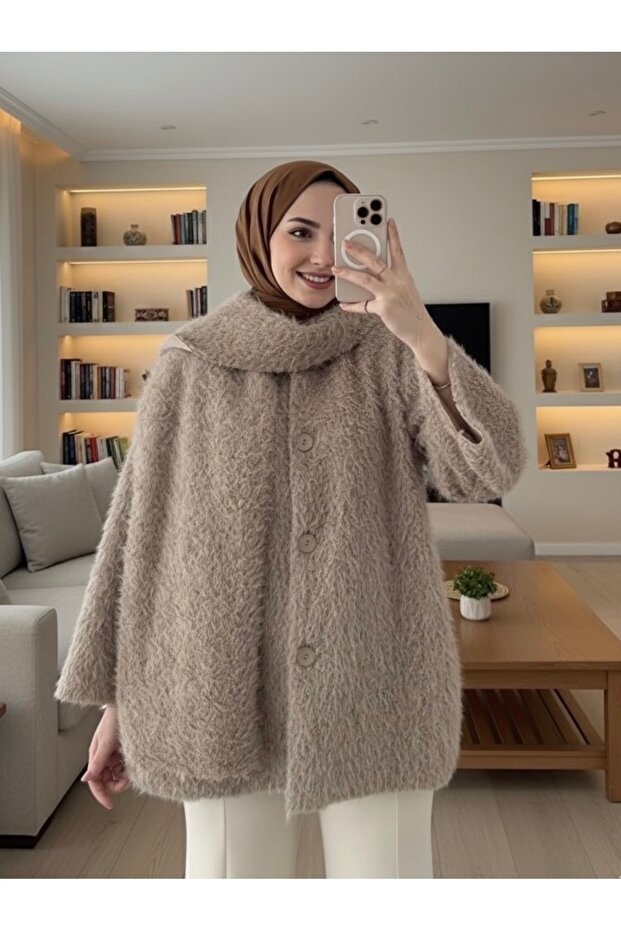 معطف نسائي من القطيفة مع وشاح – تريند قصة فضفاضة، معطف شتوي دافئ ومريح
