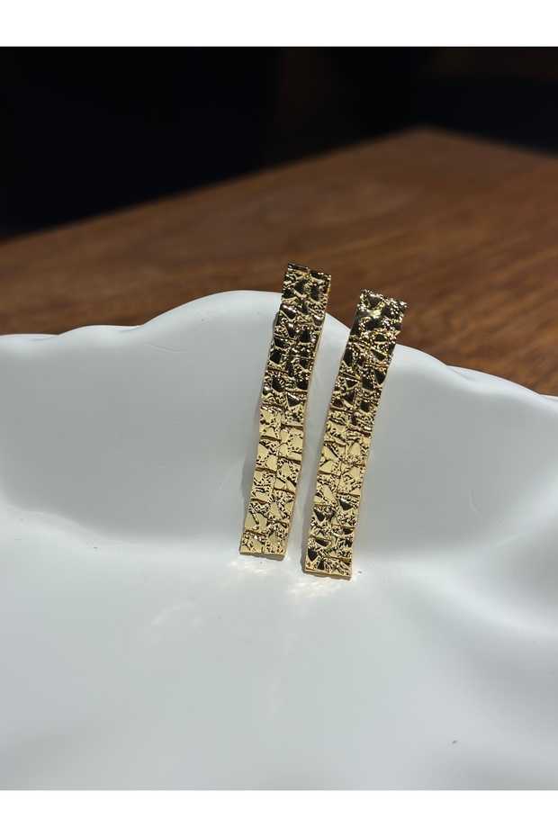 Long Dangling Embossed Gold Color Brass Earrings