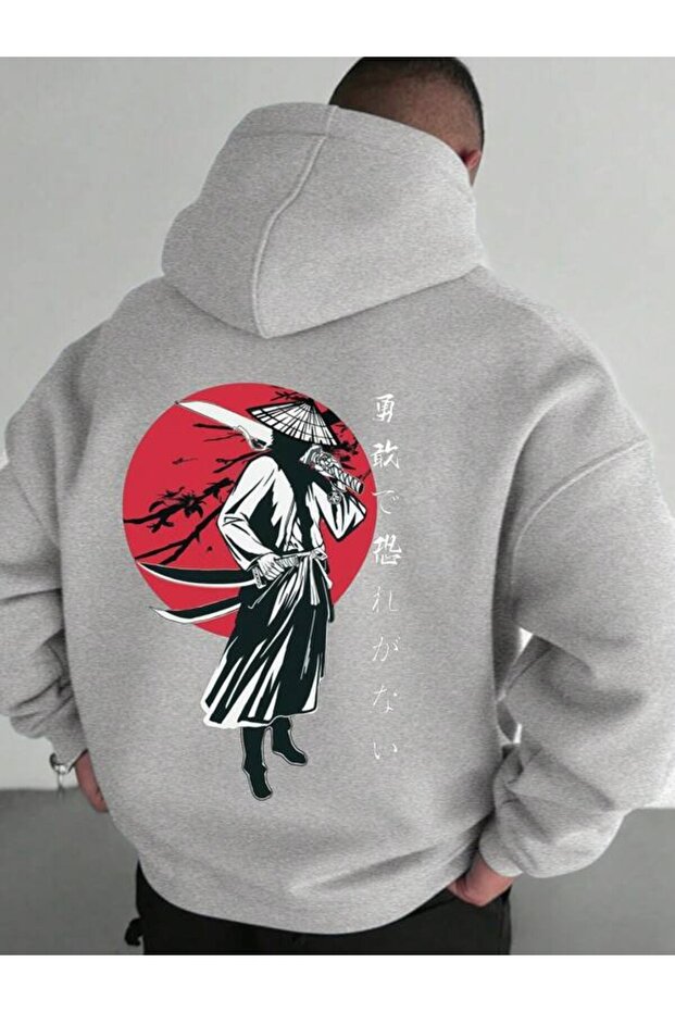Samurai Red Sun Printed Unisex Black Oversized Hooded Hoodie