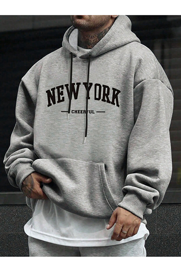 New York Cheerful Printed Hooded Sweatshirt