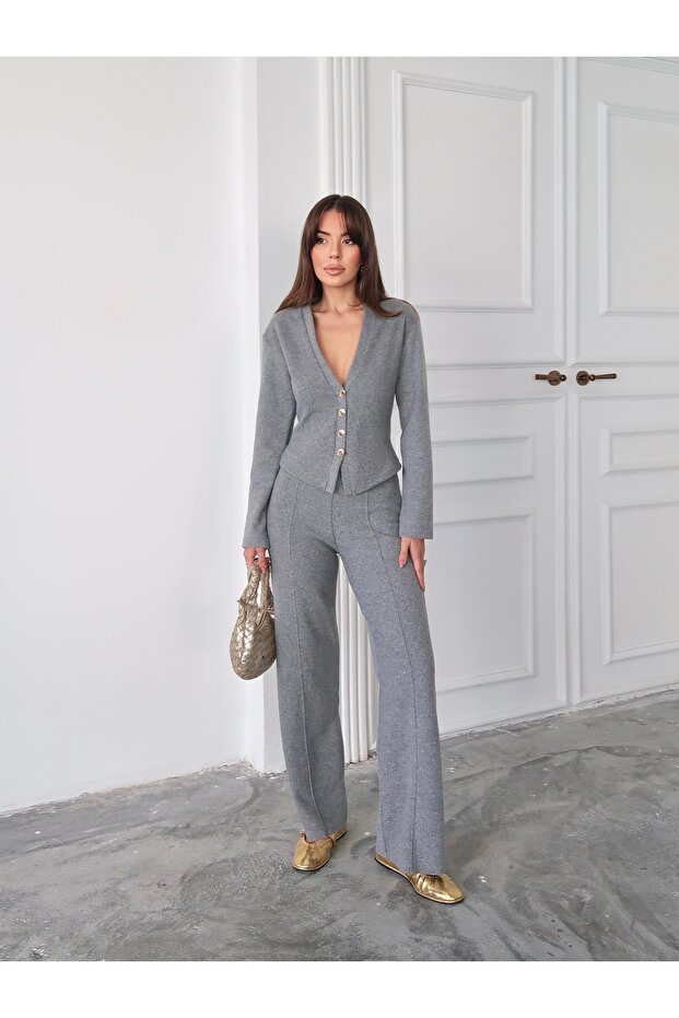 Women's Thessaloniki Fabric Front Buttoned Jacket & Green Trousers Set