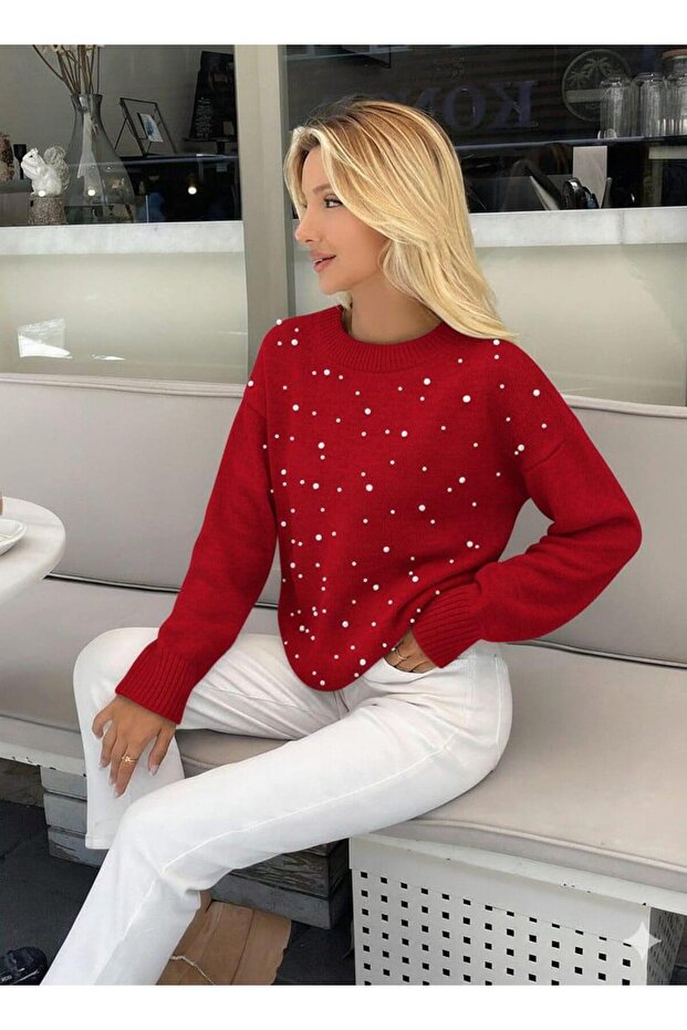 kırmızı boncuklu şık üst - 2