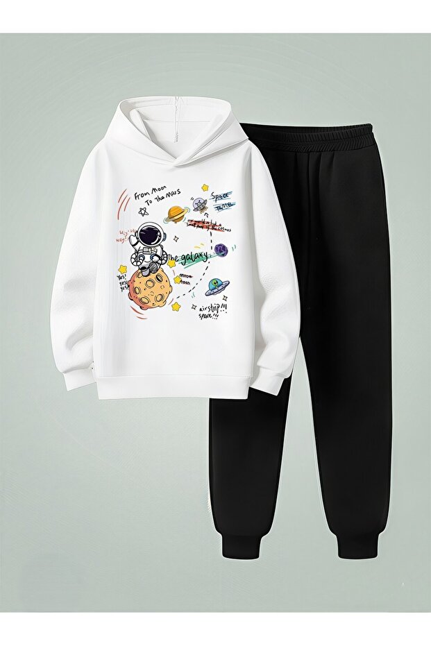 Children Hooded Set Space Tralel Printed 3 Thread Ş Fleece-Lined Sweatshirt - Tracksuit Set