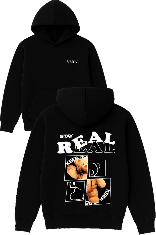 Stay Real Design Printed Oversized Black Hooded Sweatshirt