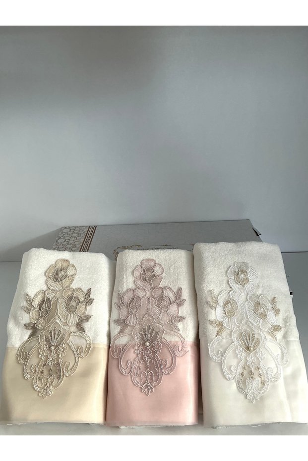 Sarayland Luxury Boxed 50X90 6-Piece Hand and Face Towel Set with Lace Satin Embroidered Dressing Gown