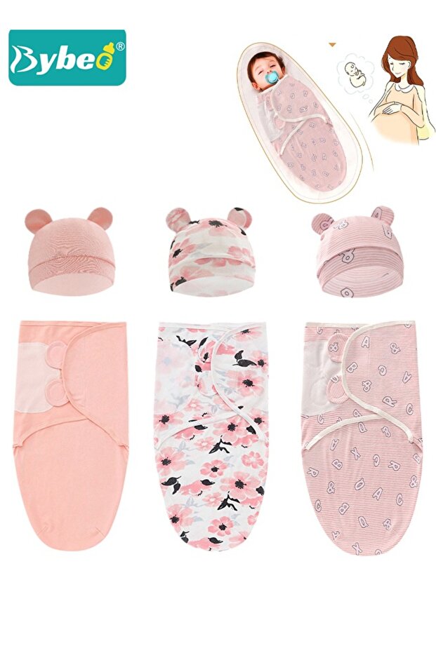 6 PCS Baby Swaddle Blanket Wrap Cap Set Newborn Infant Sleep Sack With Caps 100% Breathable Cotton 0