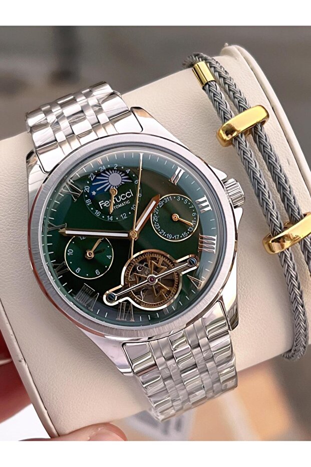 Automatic and Self-Winding Sun and Moon Phase Dial Steel Band Men's Wristwatch Bfc.03606.2