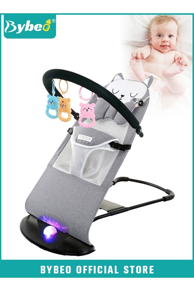 Baby Bouncer, Infant Rocker, Portable Baby Swing Chair, Durable Bouncer Seat, Infant Rocking Bouncer for Babies, with 3-Point Harness, 4 Adjustable Height, Mosques Net, Toy Rack
