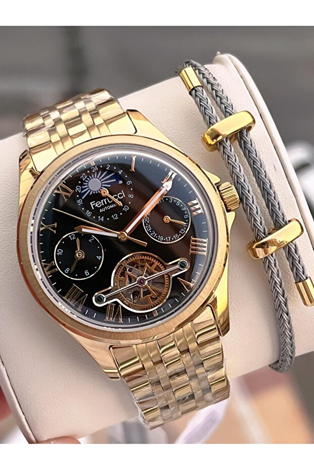 Automatic and Self-Winding Sun and Moon Phase Dial Steel Band Men's Wristwatch Bfc.03606.3