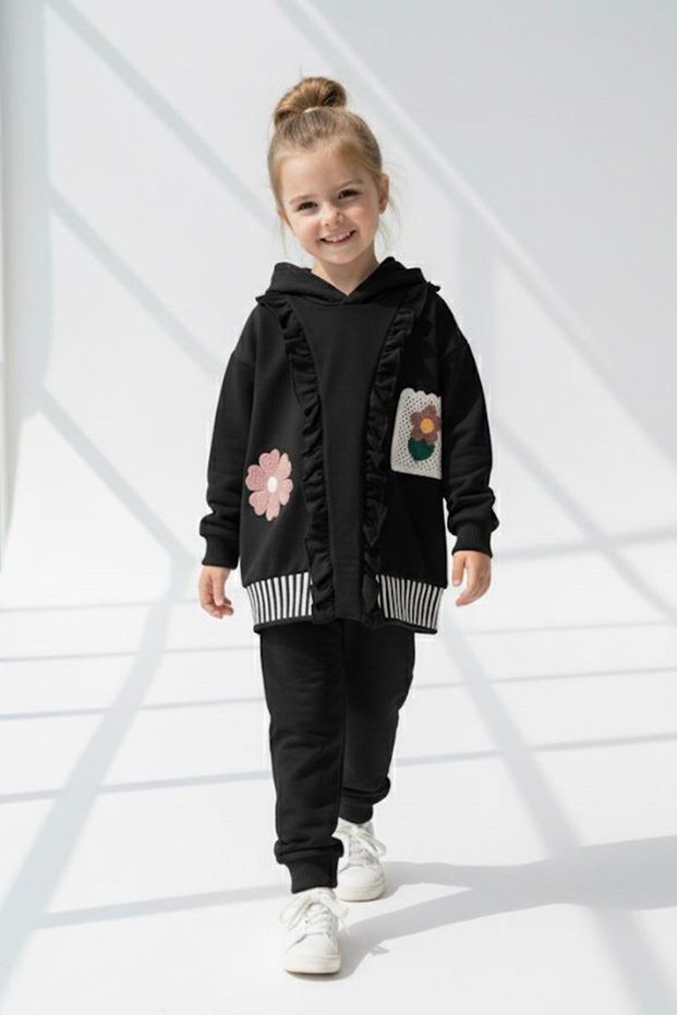 My Little One's Daisy Knit Detailed Girl's Hooded Set - Black