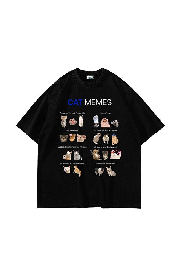 تي شيرت Cat Memes مطبوع قصة فضفاضة أسود للجنسين
