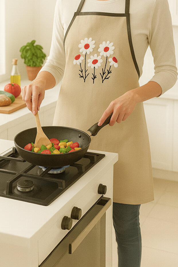 Daisy Pattern Embroidered Linen Washable Kitchen Apron Standard Size 1 Piece 50X70 cm