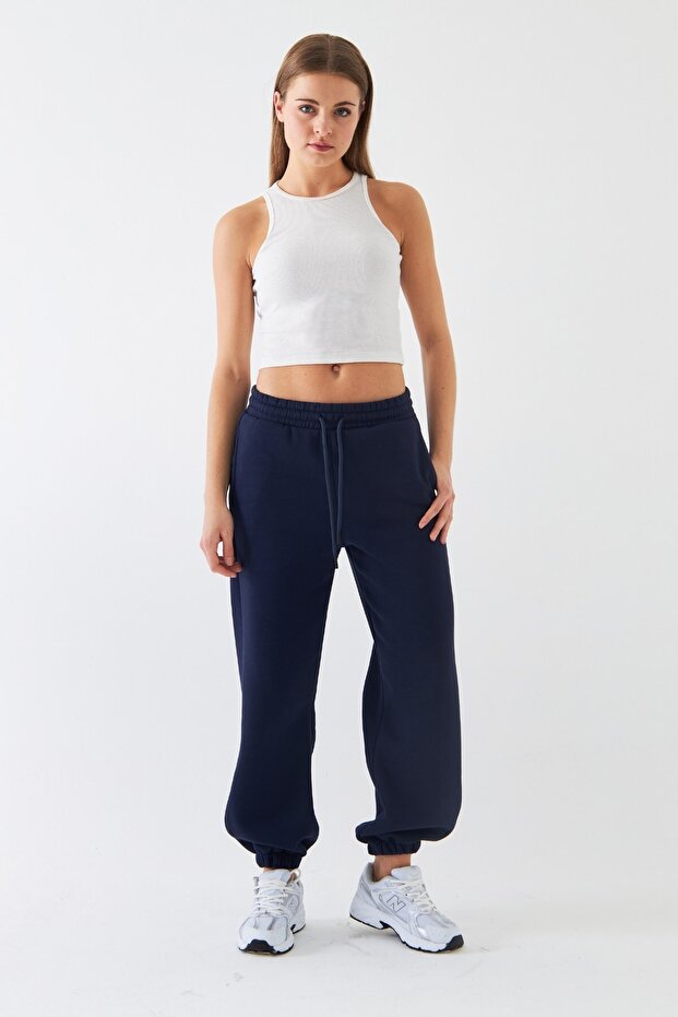 Oversize Unisex Sweatpants Navy Blue – 3-Thread Ribbed, Elasticated Waistband, Pockets, Relaxed Fit