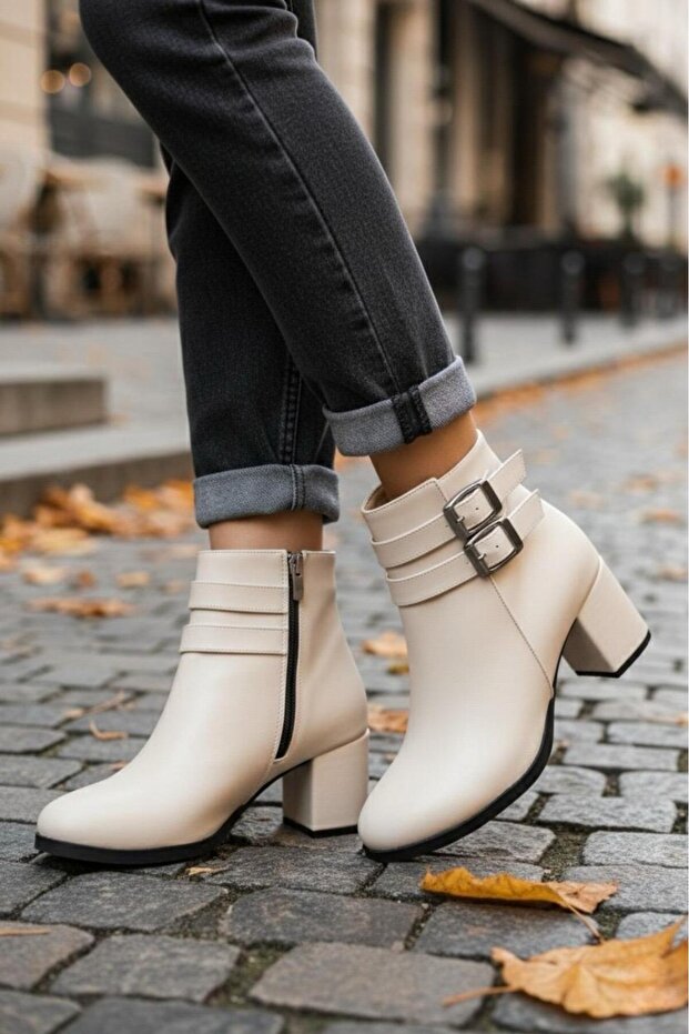 Women's Harmina Beige Leather Double Buckle Short Boots