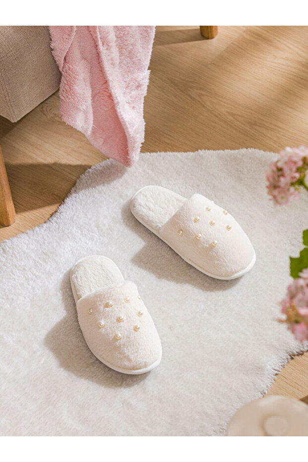 White beaded plush women's house slippers