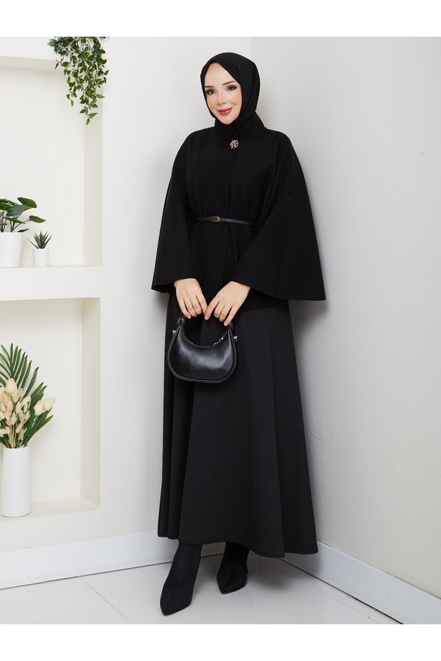 Black Belted Overcoat in Houndstooth Fabric with a High Collar