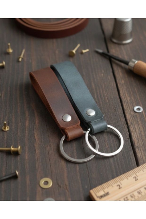 2 Pcs Genuine Leather Keychain Taba and Khaki Real Leather Keyring Gift Keychain