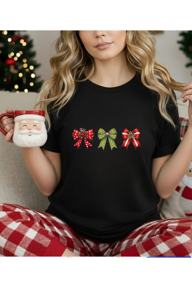 New Year Themed Bow Printed Christmas T-Shirt-Family Matching T-Shirt (Add Items to Make a Matching Set)