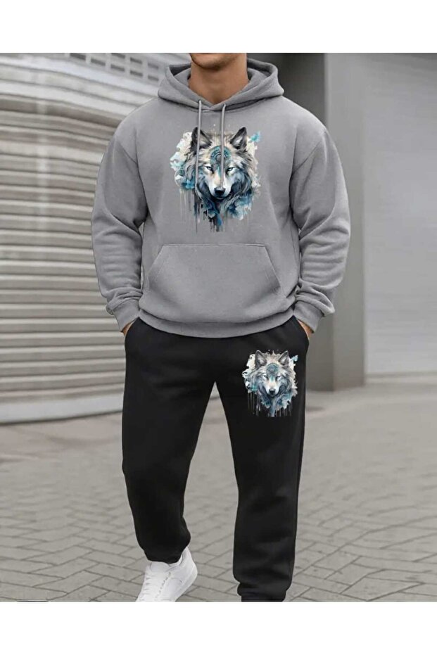 Watercolor Wolf Printed Hoodie Set