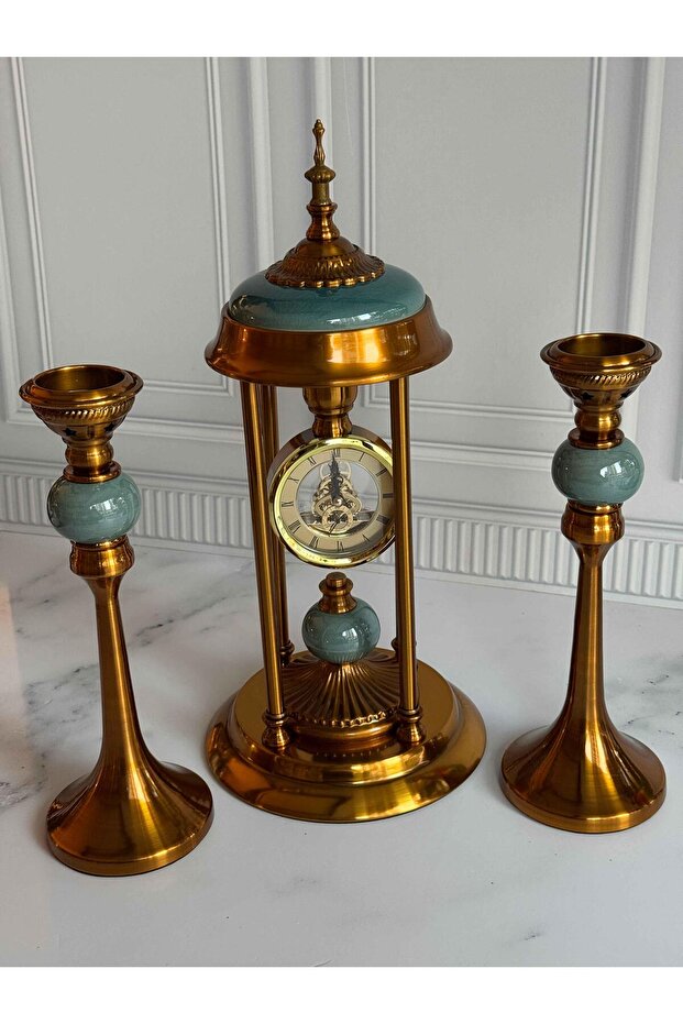 Antik Saatli 3 Parça Konsol Seti Yeşil - 2