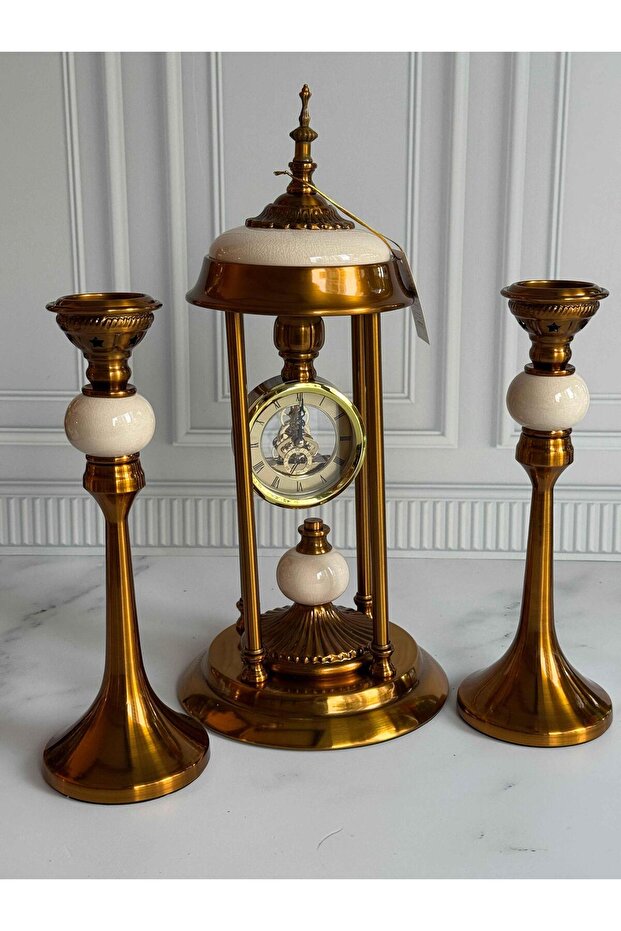 Antik Saatli 3 Parça Konsol Seti Krem - 1