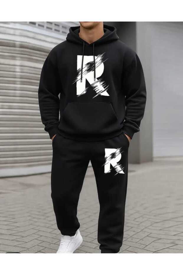'R' Letter Brush Stroke Printed Hoodie Set