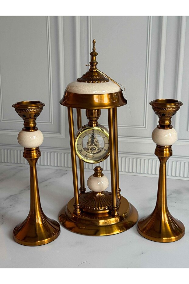 Antik Saatli 3 Parça Konsol Seti Krem - 2