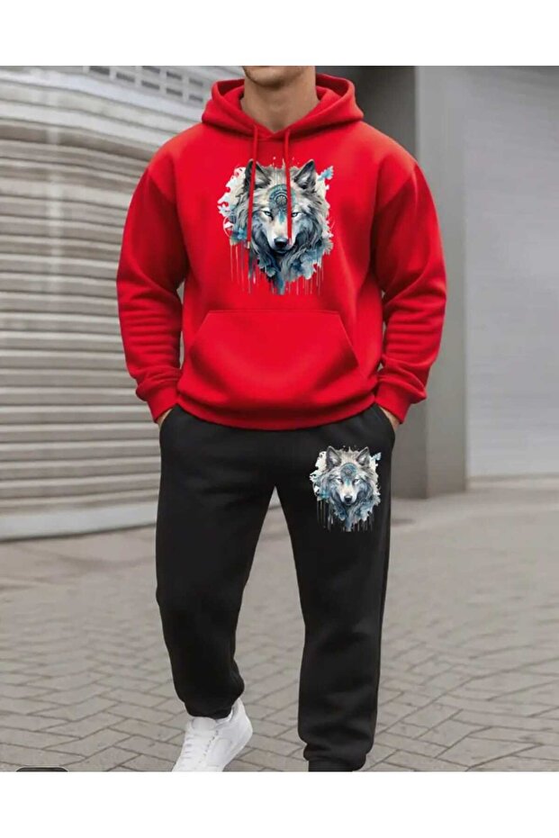 Watercolor Wolf Printed Hoodie Set