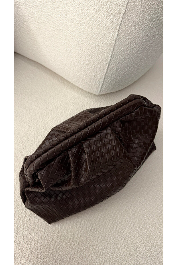 Brown Clutch Hand and Shoulder Bag with Knitted Detail
