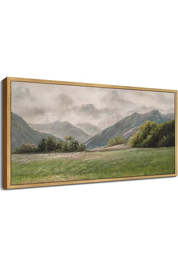 Prairie & Mountain Landscape Wall Art – Retro Meadow Scenery (60x120 cm Framed)