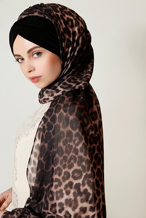 Leopar Düğüm Şifon Şal - Siyah - 1