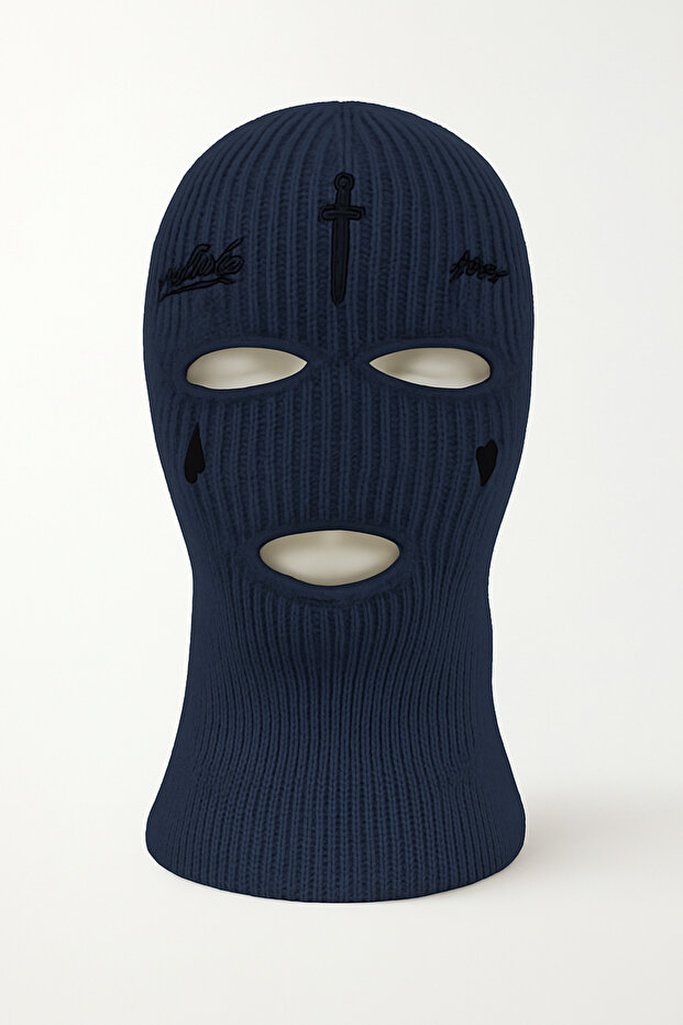 Acrylic Unisex Navy Blue Winter Biker Mask with Tear and Sword Embroidery Knitted Balaclava