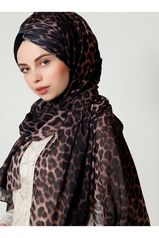 Leopar Düğüm Şifon Şal - Siyah Tek Taraf - 4
