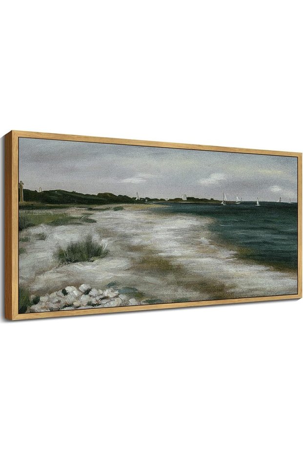Seaside Coastal Landscape Wall Art – Vintage Beach Painting (50x100 cm Framed)