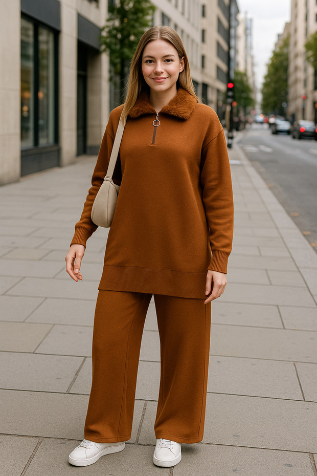 Fur Zippered Polo Neck Knitwear Set