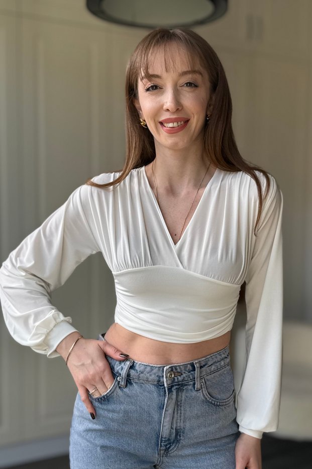 V Neck Draped White Bodysuit