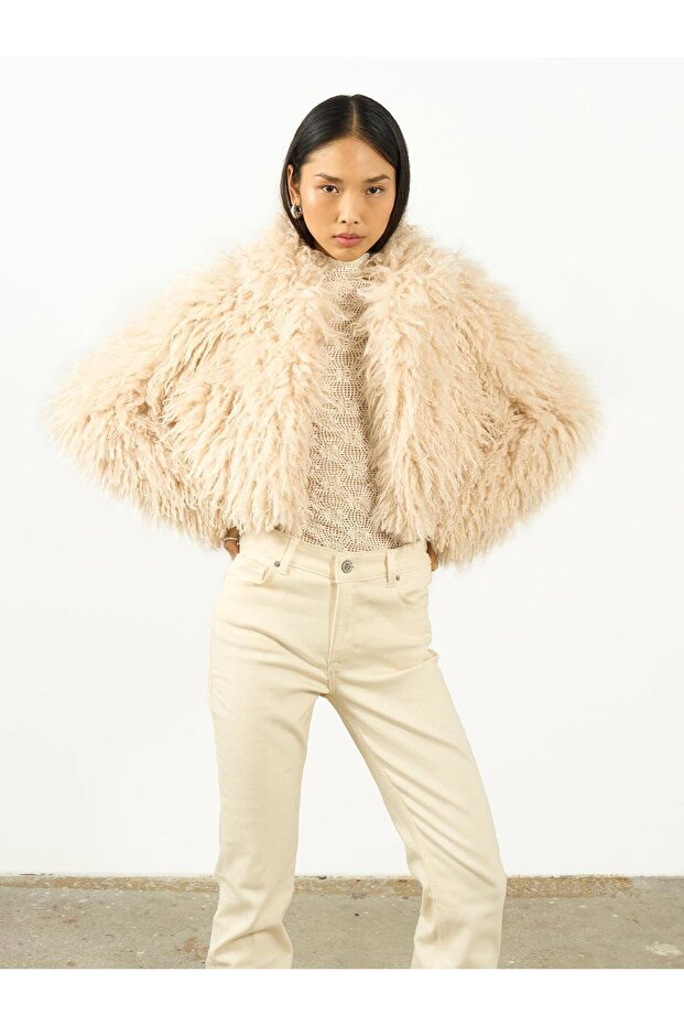 Kürk Crop Ceket Krem - 1