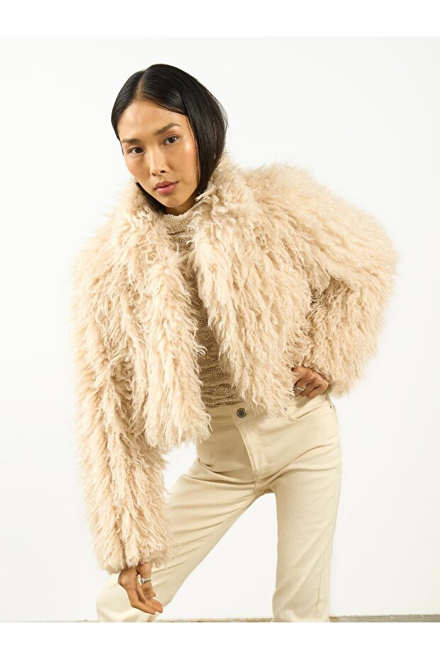 Kürk Crop Ceket Krem - 5