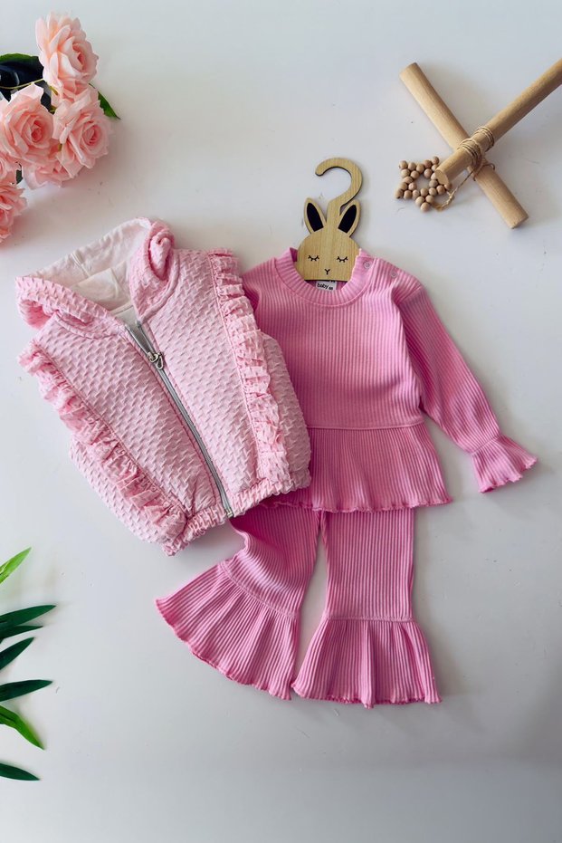 My Little One's Ruffle Detailed Hooded Glittery Vest Set Girl's 3-Piece Set - Pink