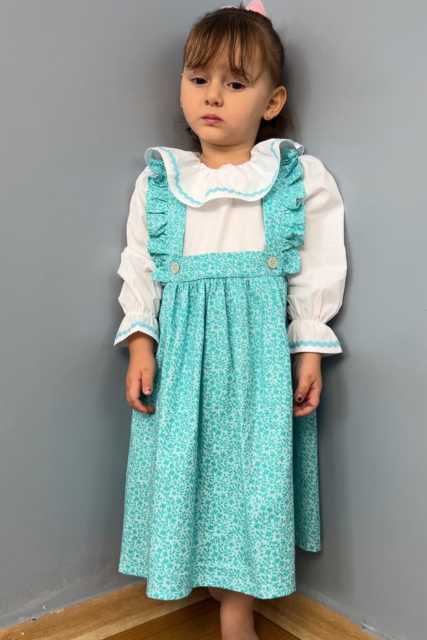 Girl's Baby Blue Floral Cotton White Zipper Dress