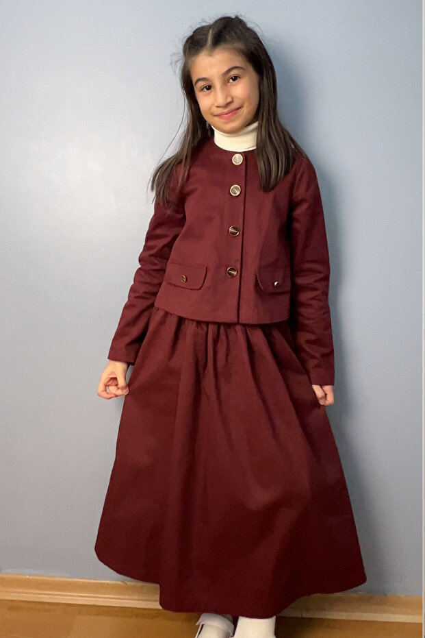 Girl's Burgundy Cotton Gabardine Jacket and Gathered Midi Skirt Set
