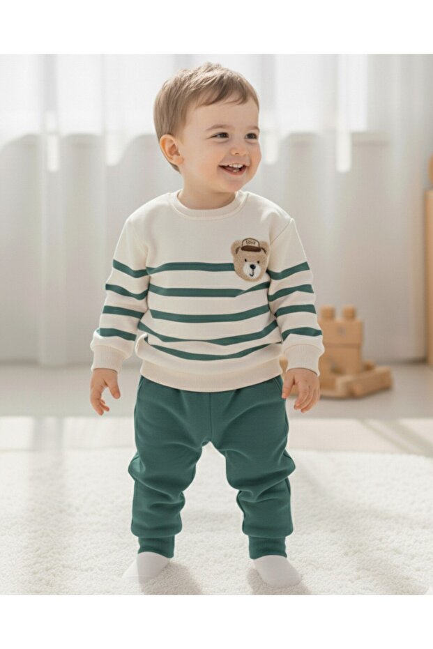 Boy's Winter Tracksuit Set, Ages 1-2-3-4, 3 Threads, Fleece-Lined Stripes, Teddy Bear Embroidered Top and Bottom