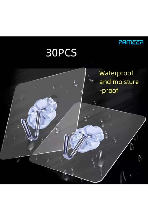 30-Pcs Transparent Hooks, Waterproof and Self-Adhesive Wall-Mounted No-Drill Hangers for Kitchen, B